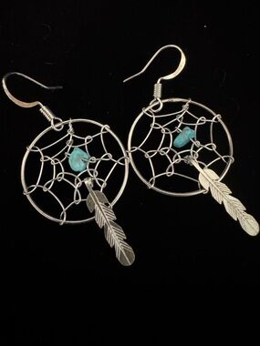 Sterling Silver Dreamcatcher Feather Dangle Earrings with Turquoise Accent
